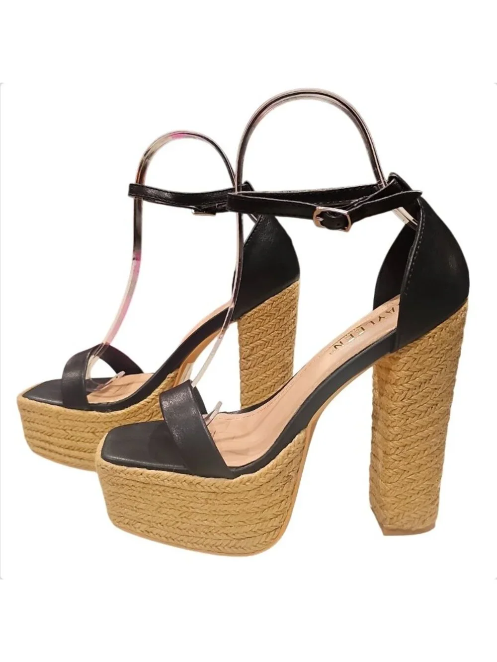 Black Platform High Heel Sandals With Woven Straw Sole & Ankle Strap Heel Chic